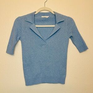 St.‎ Cloud Merino Wool Ribbed-knit Chic Sky Blue V-Neck Polo Shirt Size S